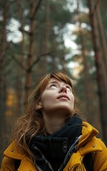 Wall Mural -  a woman in a yellow jacket looking up into the sky in front of a forest filled with tall, thin, pine - filled trees, with lots of leaves.