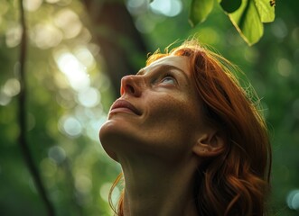 Canvas Print -  a woman with red hair looking up into the sky with a leaf on her head and a green leaf hanging from the top of the head of the head of her head.