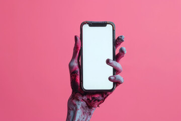creepy halloween monster zombie hand holding a mobile phone with a blank screen