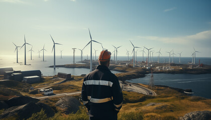 Equipo de jóvenes ingenieros de mantenimiento trabajando en un parque de aerogeneradores al atardecer.Ingeniería de sistemas de energías renovables