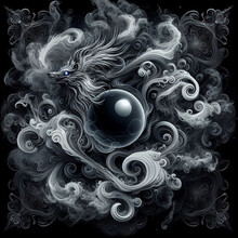 A Black And White Artwork With A Dragon And Swirls