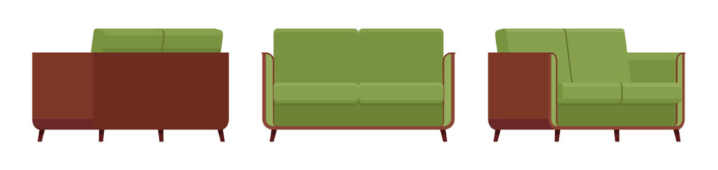 Wall Mural - Small couch, loveseat fabric sofa set in green accent. Upholstery for living room, dorm, family apartment, studio. Vector flat style cartoon home, office furniture objects isolated on white background