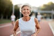 © Markus Schröder - Portrait of a relaxed mature woman running on an athletics track. With generative AI technology
