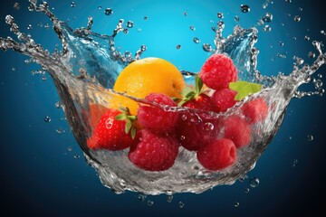 Fresh fruit splashing into clear water, Fresh fruits into clear water splash background Ai generated