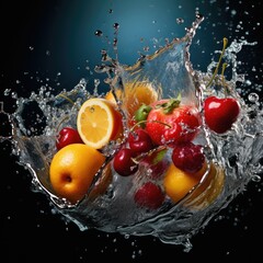  Fresh fruit splashing into clear water, Fresh fruits into clear water splash background, splash water with freshnes fruits, Ai generated