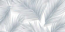 A Seamless Image With Palm Leaves On A White Background, In The Style Of Carved Surfaces, Light Gray And Gray, Textured, Layered Surfaces, Luminous Colors, Mural Painting, Linear Outlines