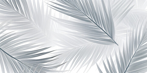 Wall Mural - a seamless image with palm leaves on a white background, in the style of carved surfaces, light gray and gray, textured, layered surfaces, luminous colors, mural painting, linear outlines