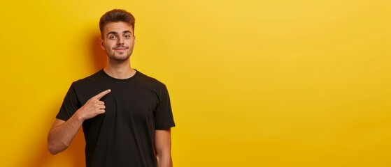 Wall Mural - Studio photo of young man standing on left isolated on yellow background pointing at blank space for your advertisement in black t shirt seeing something unusual or unexpected. Generative ai