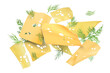 Slices of tasty cheese and dill falling on white background