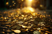 Golden Coins Scattered With A Warm Backlight. Generative AI Image
