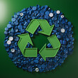 © ADDICTIVE STOCK - Generative AI illustration of green recycling symbol surrounded by a circle of blue plastic caps on a green background, representing sustainability