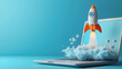 © Ammar Ismail - Rocket launches from a laptop screen, indicating business growth and high-speed Internet.