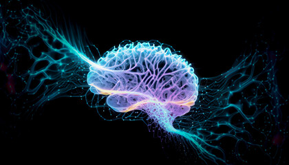 Abstract human brain neural network by colorful light particles flowing isolated on black background in concept A.I. artificial intelligence, science, technology, machine learning, neuroscience.