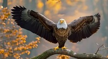 An Eagle On A Branch Flapping Its Wings