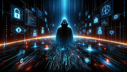 A Hacker with hood, Data protection and cyber security concept. Navigating the Digital Threat Landscape: Addressing the Surge in Cybercrime and Law Enforcement's Role.