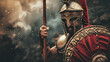 Roman Spartan Infantryman in Armor with Spear at Hand