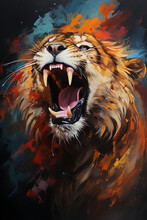 Realistic Roaring Lion Oil Painting Artwork - Hand Painted Lion Mane Head Colorful Whimsical Watercolor Illustration Canvas Art Portrait - Zoo Animal Wildlife Jungle King Mammal Wallpaper Background