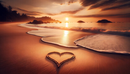 Wall Mural - Sunset on a calm beach with a heart drawn in the sand, gently approaching waves, islands in the distance under a warm sky. Concept of love. AI generated.