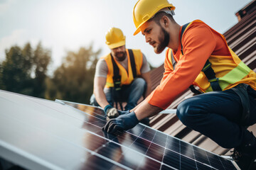 The Eco Technician: A Skilled Green Energy Worker Installing Solar Panels on a Sunny Roof