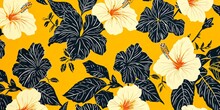 The Pattern Represents Hibiscus On Yellow Fabric Generative AI