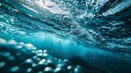 ocean depths with azure currents and frothy spheres.