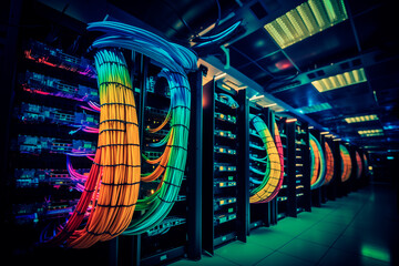 Server room with switch, internet cables and wires