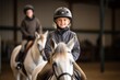 © Markus Schröder - Portrait of an active kid male horse riding in a riding school. With generative AI technology