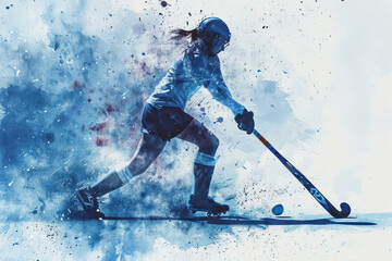 Wall Mural - Field Hockey player in action, woman blue watercolour with copy space