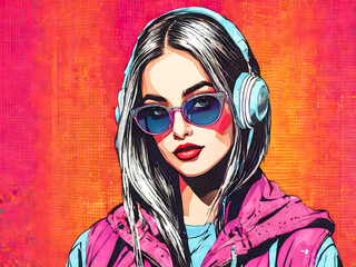 Wall Mural - Beautiful young woman with headphones listening to music. Portrait of a hipster girl.