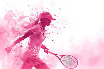 Wall Mural - Tennis player in action, woman pink watercolour with copy space