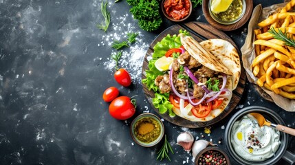 Wall Mural - Traditional greek gyros with meat, vegetables and sauce on black background