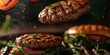 Realistic 3D burgers falling in the air, featuring grilled meat and a variety of toppings in a detailed photo composition.