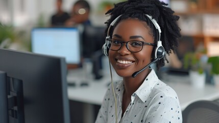 Joyful African female working as a call center representative, using a VOIP headset to provide consulting and communication services. 