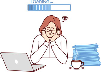 Slow woman office worker sleeping at workplace with laptop and papers due to lack of energy, sitting near progress bar loading. Slow girl cannot start work due to sleepiness or working overtime.