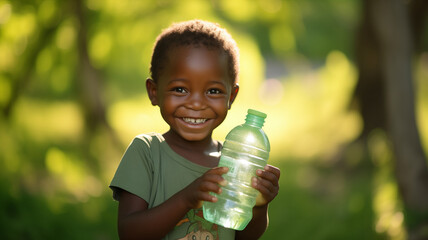 Wall Mural - Very happy African child boy with water bottle in hand. Concept of lack of drinking water.