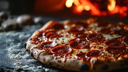 Wall Mural - Charcoal-roasted pepperoni pizza on a dark backdrop with professional lighting, representing food delivery and AI technology.