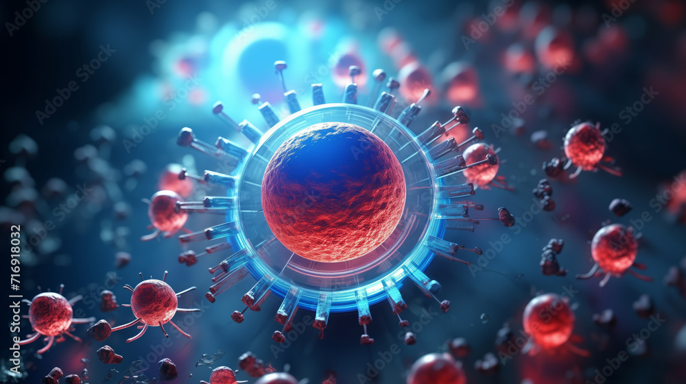 Futuristic immune system protection with glowing blue shield VS red ...