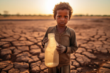 Wall Mural - Concept global problem Africa with drinking water and drought weather. Child boy hold empty bottle against background of cracked earth, people death from thirst.