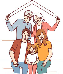 Wall Mural - Large happy family of retired parents and millennial children with grandchildren under roof of house