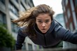 © Markus Schröder - Portrait of an energetic girl in her 20s doing parkour in the city. With generative AI technology