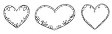 Set With Heart Frame With Flowers In Outline Style
