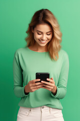 Wall Mural - Portrait of toothy beaming nice woman wear stylish t-shirt in eyewear hold smartphone arm in pocket isolated on green color background