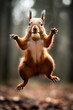 Lustiges springendes Eichhörnchen mit Nuss im Mund