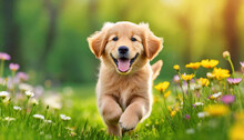 A Dog Golden Retriever Puppy With A Happy Face Runs Through The Colorful Lush Spring Green Grass