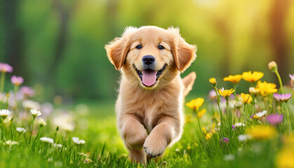 Wall Mural - A dog golden retriever puppy with a happy face runs through the colorful lush spring green grass