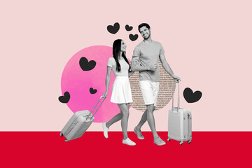 Poster - Horizontal photo collage of couple going on romantic journey honeymoon summer trip carry luggage hold hands on creative background