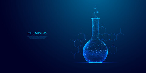 Wall Mural - science chemistry concept. polygonal lab tube on technology blue background with chemical formula. d