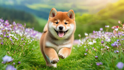 Wall Mural - A dog shiba inu puppy with a happy face runs through the colorful lush spring green grass