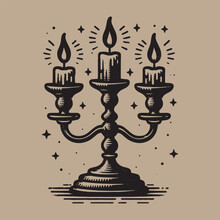 Antique Candlestick With Three Candles. Black Vintage Engraving Vector Illustration. Icon, Logo, Emblem. Isolated Object
