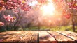 © don't panic ;) - Wooden table or bench on green blurred background. Outdoors. AI generated illustration